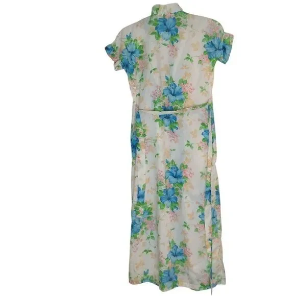 Vintage 70s Robe Womens S White Blue Floral Ruffle Tie Short Sleeve